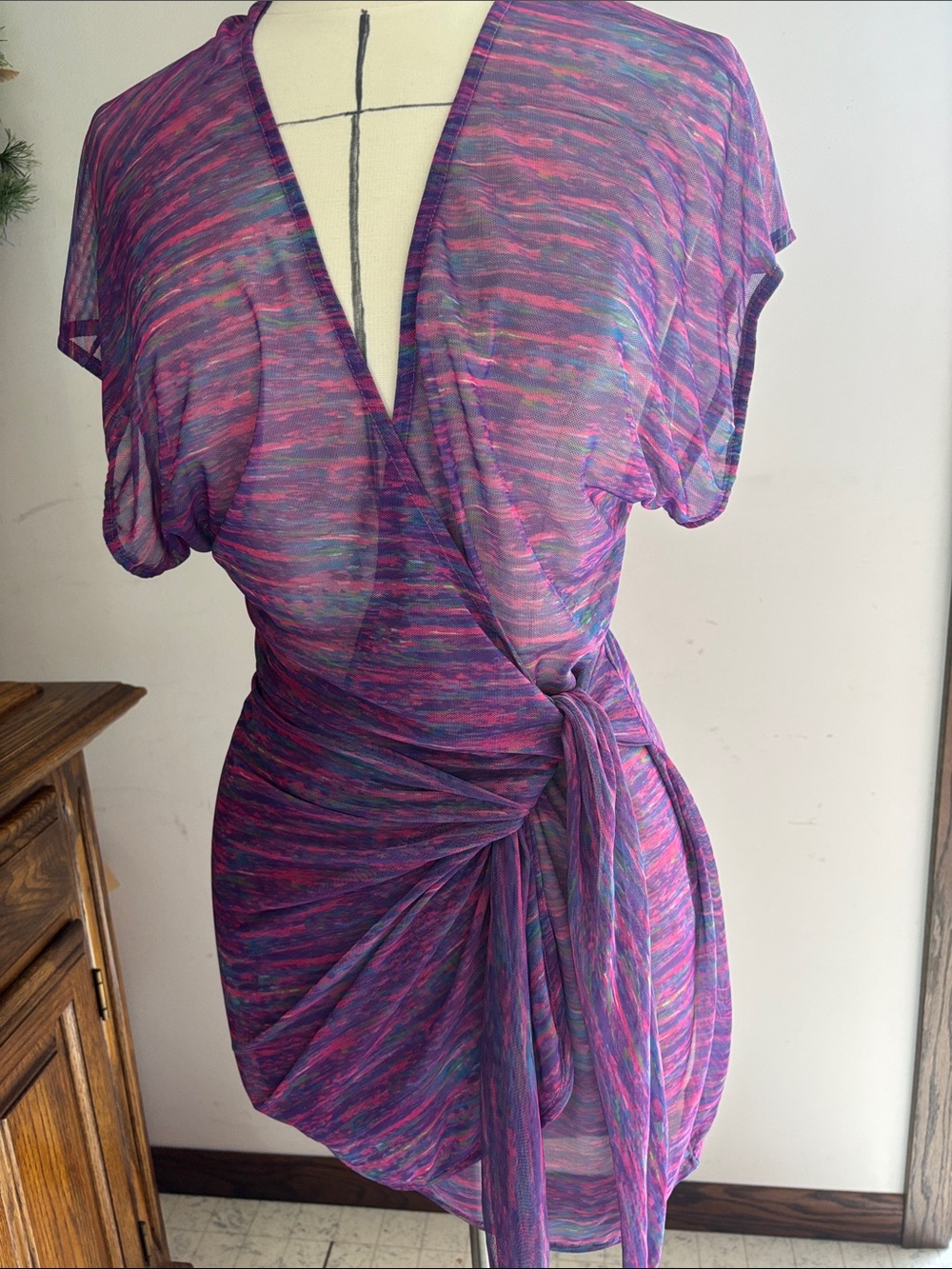 Sheer Purple Multi-Stripe Wrap Swim Coverup with Side Tie